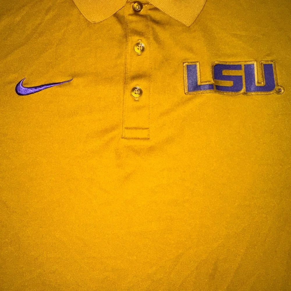 Nike Dri-FIT LSU Tigers Polo Shirt Mens XL Gold Grey Pinstripe Short Sleeve Logo